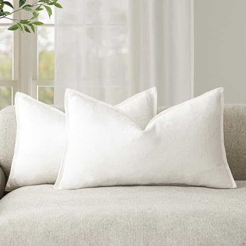 Foindtower Pack of 2, Decorative Linen Soild Throw Pillow Covers Soft Accent Cushion Case Boho Farmhouse Neutral Pillowcase for Couch Sofa Bedroom Living Room Home Decor 18 x 18 Inch Natural Beige