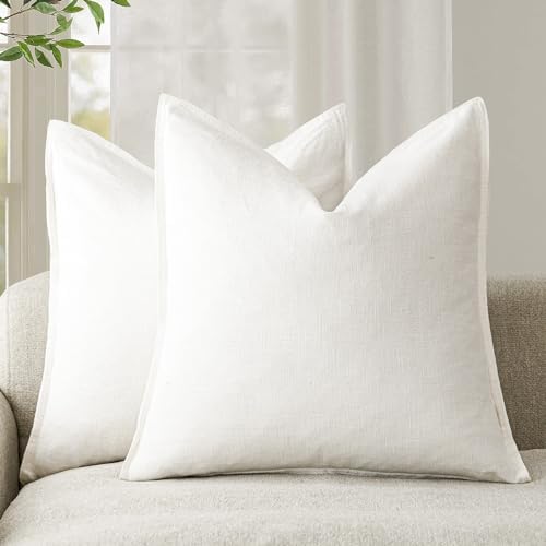 Foindtower Pack of 2, Decorative Linen Soild Throw Pillow Covers Soft Accent Cushion Case Boho Farmhouse Neutral Pillowcase for Couch Sofa Bedroom Living Room Home Decor 18 x 18 Inch Natural Beige