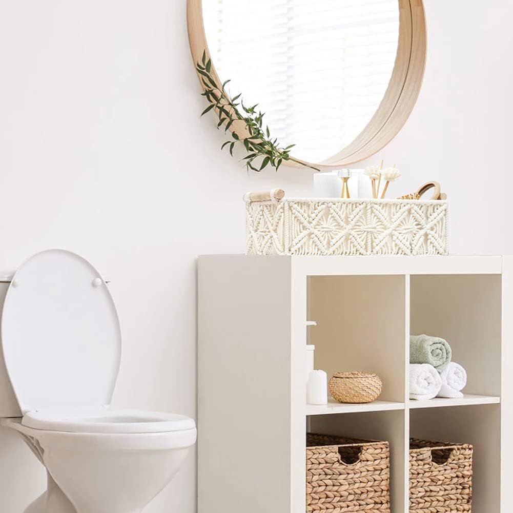 HOSROOME Macrame Storage Basket Boho Decor Baskets for Organizing Woven Decorative for Countertop Toilet Paper Basket for Tank Top for Home Decor Bedroom Nursery Livingroom Entryway (Set of 2)