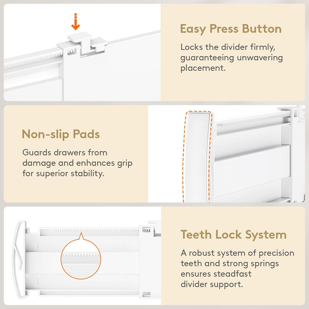 Lifewit Drawer Dividers for Clothes, 3.2" Tall 10.5"-16.5" Expandable Dresser Drawer Organizers, Adjustable White Plastic Separators for Kitchen, Cabinet, Nursery, Socks & Underwear Storage, 4 Pack
