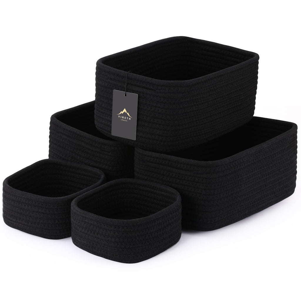 5-Pack Small Woven Rope Storage Baskets – 2 Sizes Organizer Bins for Closet, Shelf, Bookshelf, Nursery, Changing Table, Fabric Cube Boxes, Rectangular Shallow Bins for Bathroom, Toy & Home