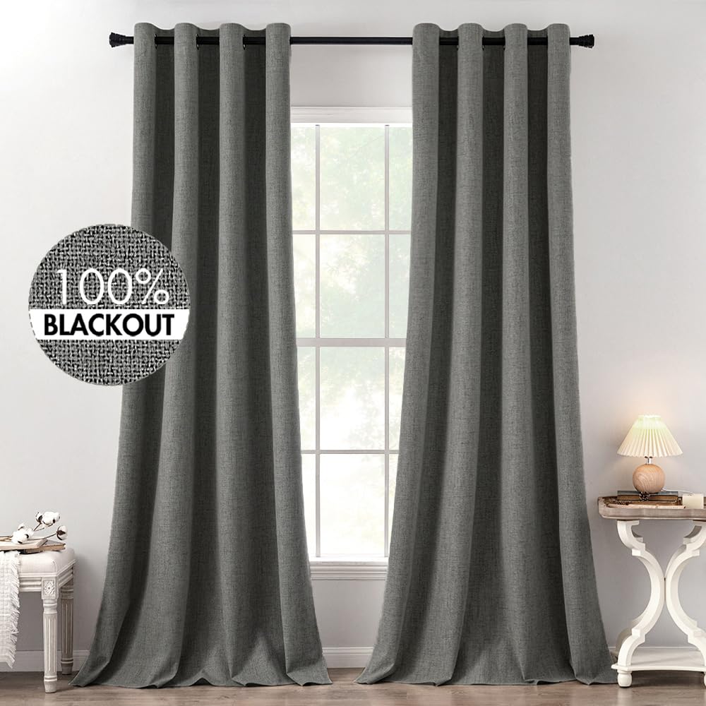 MIULEE 100% Blackout Linen Textured Curtains for Bedroom Solid Thermal Insulated Natural Beige Grommet Room Darkening Curtains & Drapes Luxury Decor for Living Room Nursery 52 x 84 Inch (2 Panels)