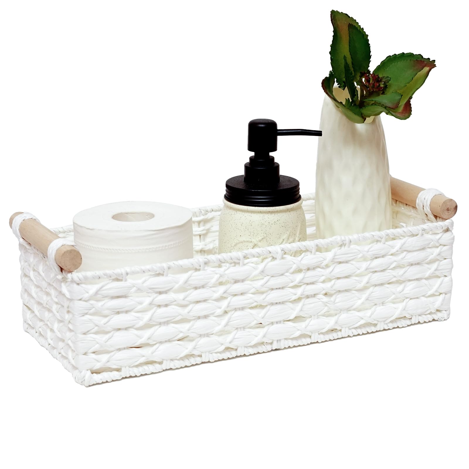Round Paper Rope Storage Basket Wicker Baskets for Organizing with Handle Decorative Storage Bins for Countertop Toilet Paper Basket for Toilet Tank Top Small Baskets , Green