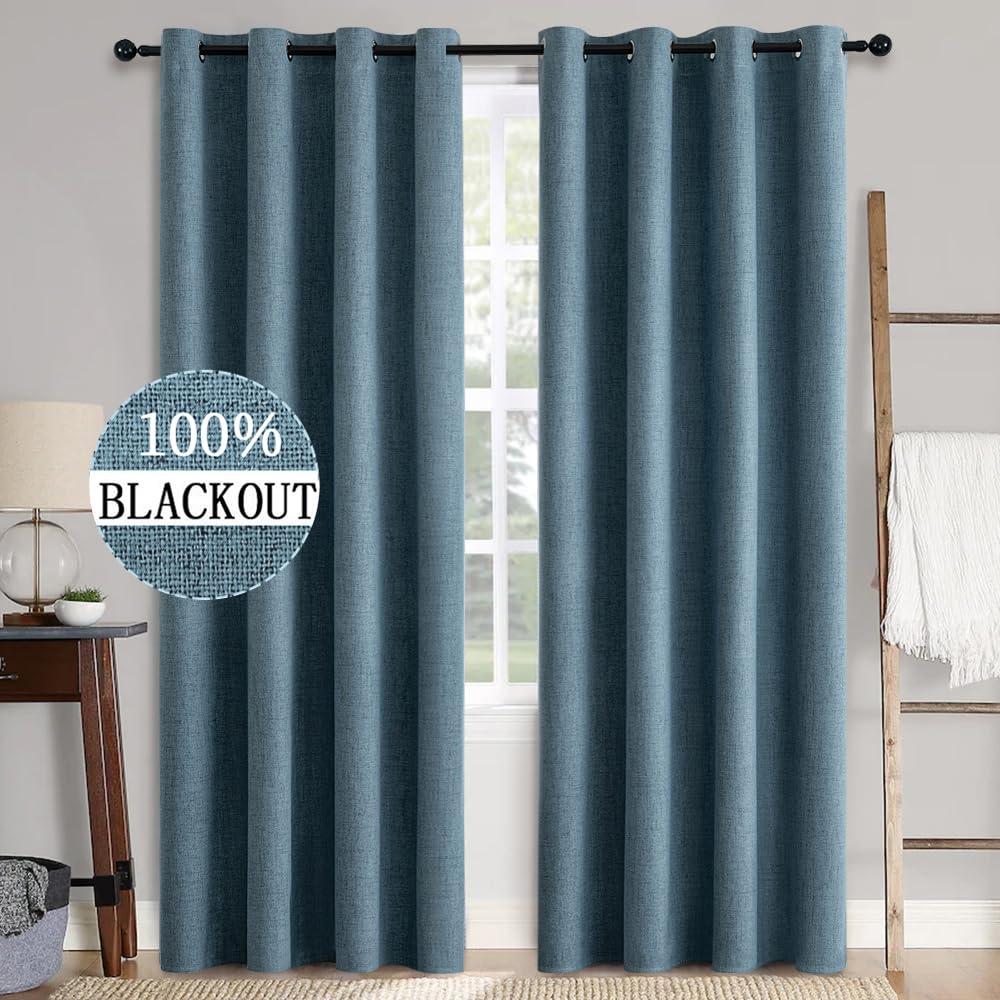 MIULEE 100% Blackout Linen Textured Curtains for Bedroom Solid Thermal Insulated Natural Beige Grommet Room Darkening Curtains & Drapes Luxury Decor for Living Room Nursery 52 x 84 Inch (2 Panels)