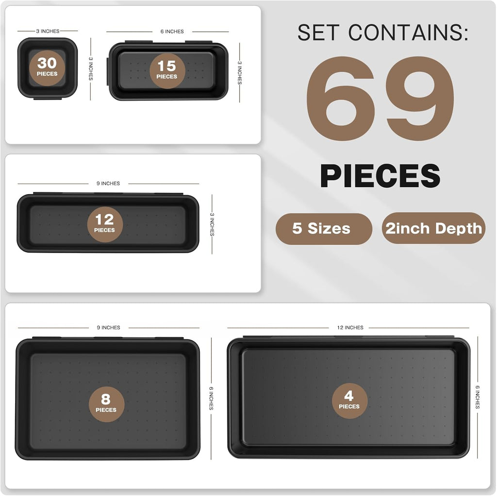 【More Larger Size】A-LUGEI【69 PCS-5 Size】 Tool Box Organizer Tray Divider Set【Black】 Desk Drawer Organizer Bin, Socket Organization and Storage Toolbox for Rolling Tool Chest Cart WorkBench Part Widget
