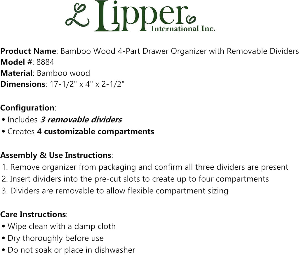 Lipper International Bamboo Drawer Organizer with 3 Removable Dividers, Brown