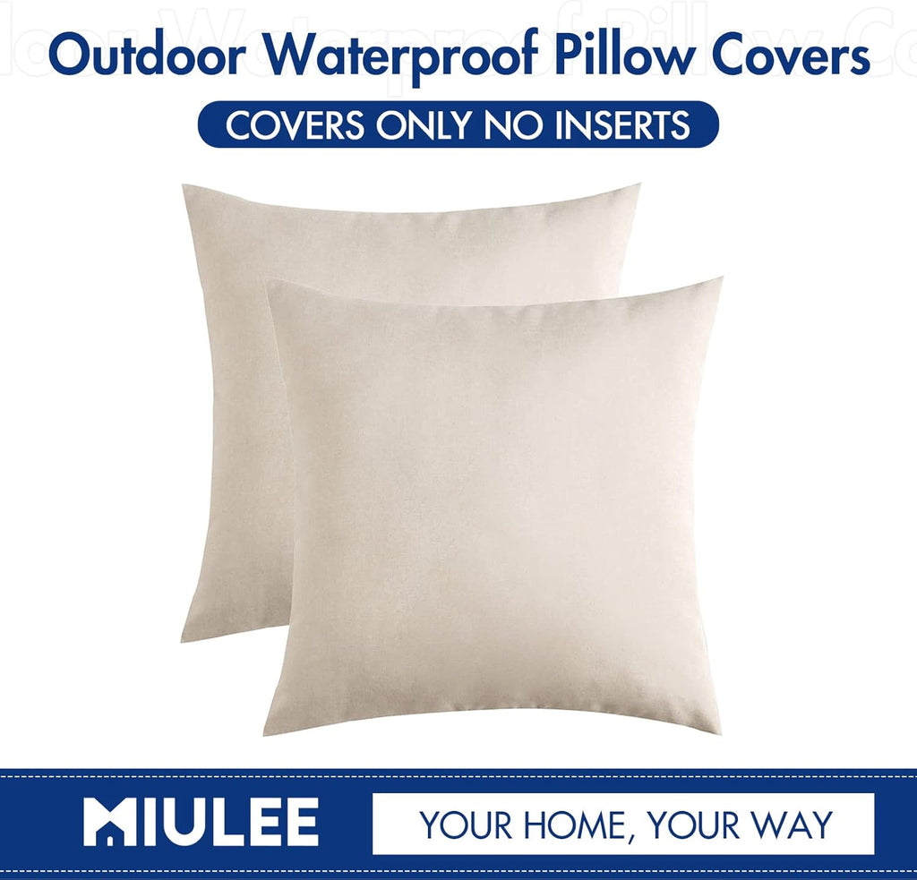 MIULEE Pack of 2 Decorative Outdoor Solid Waterproof Throw Pillow Covers Faux Linen Garden Farmhouse Cushion Cases for Patio Tent Balcony Couch Sofa 18x18 Inch Beige