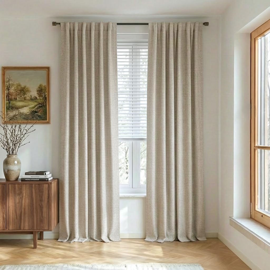 NICETOWN 100% Blackout Linen Curtains 90" Long for Bedroom, Thermal Insulated Living Room Curtains with Liner, Farmhouse Style Linen Blend Window Draperies for Dining Room (2 Panels, 52" W, Natural)