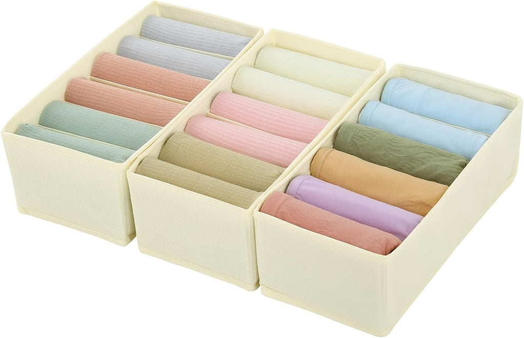 Qozary 3 Pack Sock Underwear Drawer Organizer Dividers, Non-Woven Fabric Collapsible Cabinet Closet Storage Boxes for Clothes, Socks, Lingerie, Underwear, Tie, Belt, Baby, Bedroom (Gray, 6 Cells)