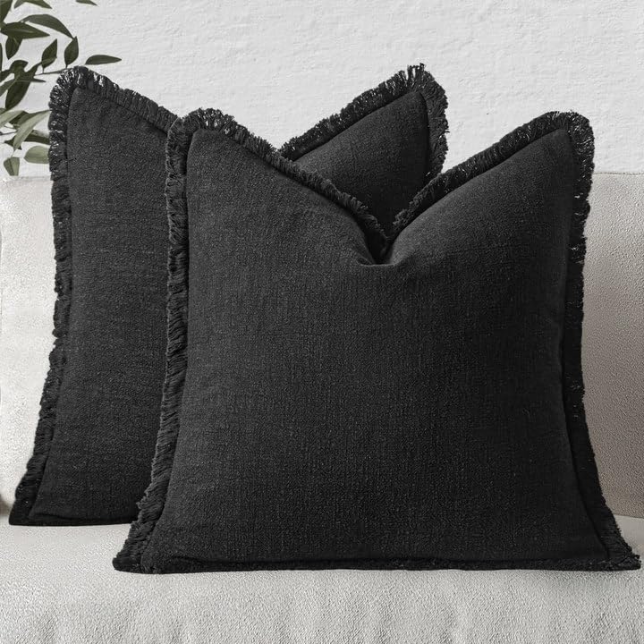 MIULEE Decorative Throw Pillow Covers Neutral Linen Fringe Throw Pillows Set of 2 Natural Beige Boho Farmhouse Cushion Cases with Tassels for Couch Sofa Bed Living Room Spring Decor 18x18 Inch