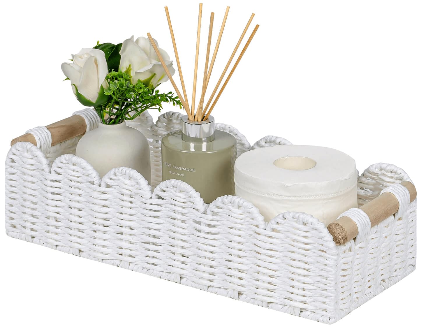 CubesLand Paper Rope Scalloped Edge Toilet Paper Storage Basket, Small Living Room, Bedroom Decor Baskets for Over Toilet Storage Shelf, End Table, Shelves and More, with 2 Wooden Handle, Neutral