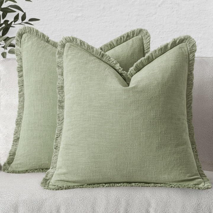 MIULEE Decorative Throw Pillow Covers Neutral Linen Fringe Throw Pillows Set of 2 Natural Beige Boho Farmhouse Cushion Cases with Tassels for Couch Sofa Bed Living Room Spring Decor 18x18 Inch