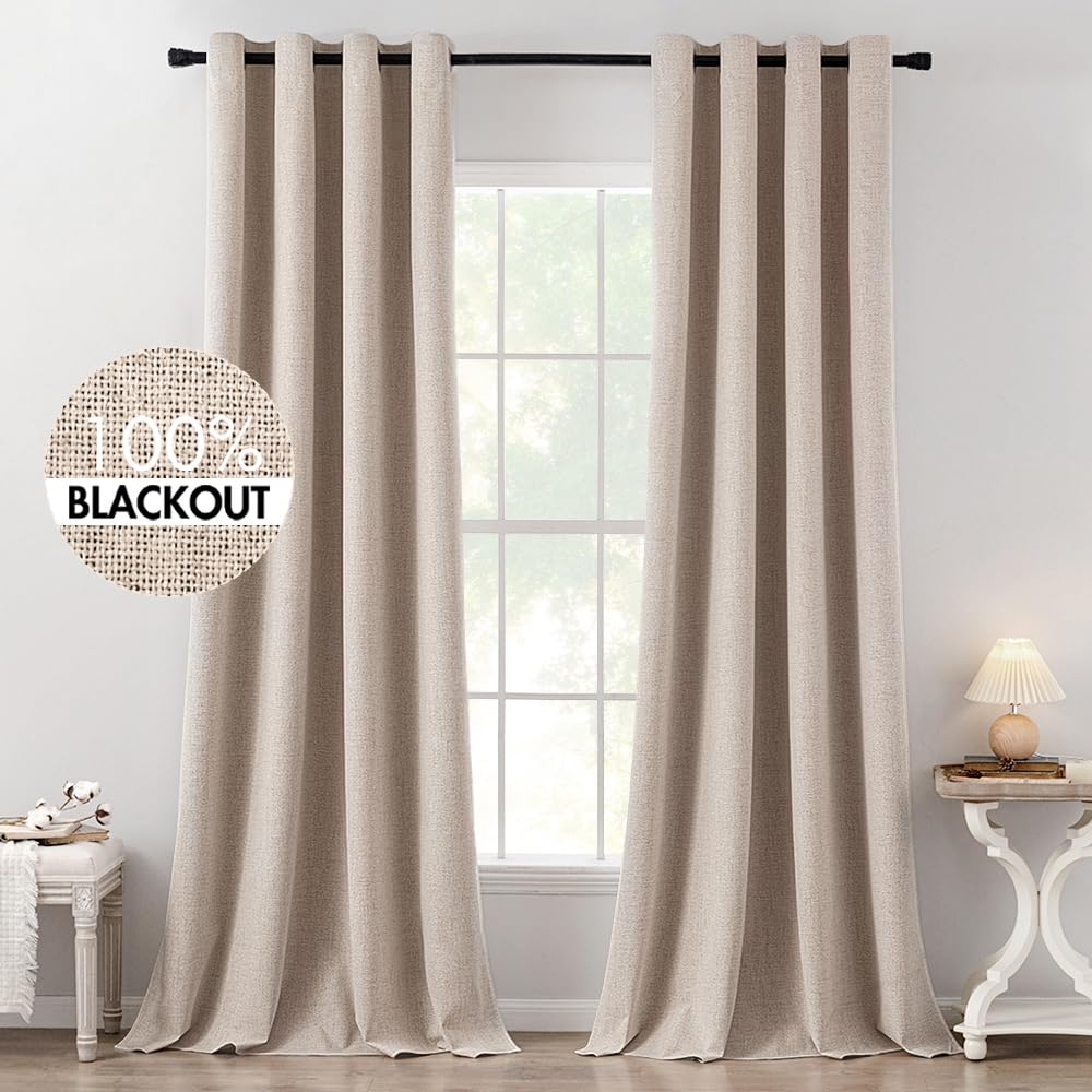 MIULEE 100% Blackout Linen Textured Curtains for Bedroom Solid Thermal Insulated Natural Beige Grommet Room Darkening Curtains & Drapes Luxury Decor for Living Room Nursery 52 x 84 Inch (2 Panels)
