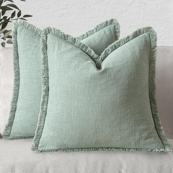 MIULEE Decorative Throw Pillow Covers Neutral Linen Fringe Throw Pillows Set of 2 Natural Beige Boho Farmhouse Cushion Cases with Tassels for Couch Sofa Bed Living Room Spring Decor 18x18 Inch