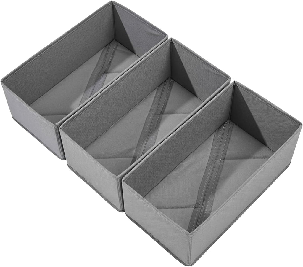Bructhun Sock Drawer Organizer 3 Pack - Collapsible Fabric Storage Bins for Underwear Divider, Small Closet Organizers with 3 Compartments, Gray