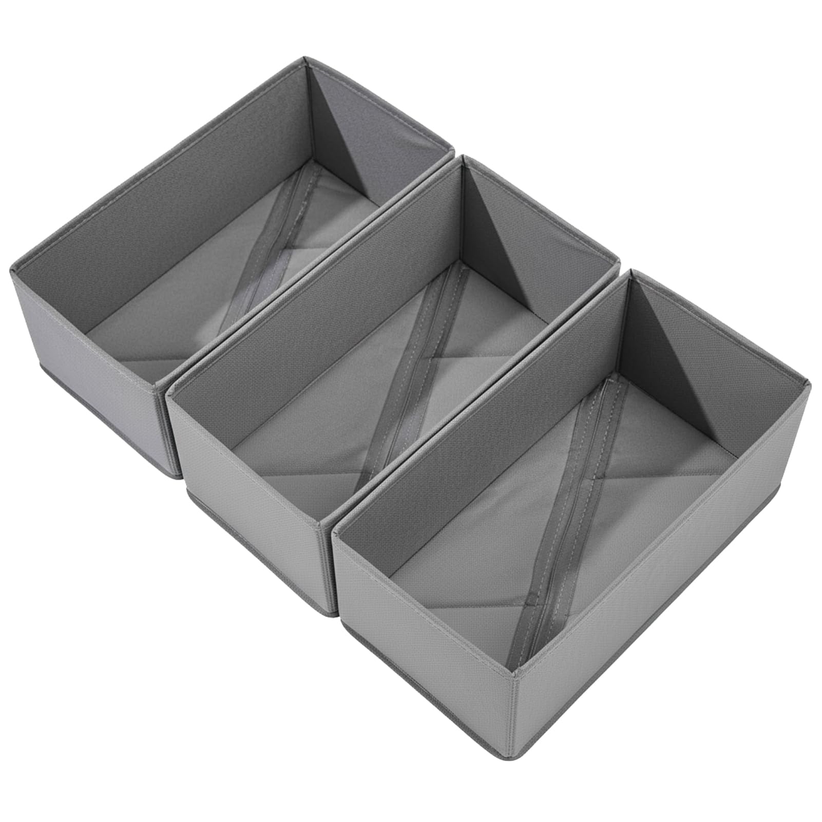 Bructhun Sock Drawer Organizer 3 Pack - Collapsible Fabric Storage Bins for Underwear Divider, Small Closet Organizers with 3 Compartments, Gray