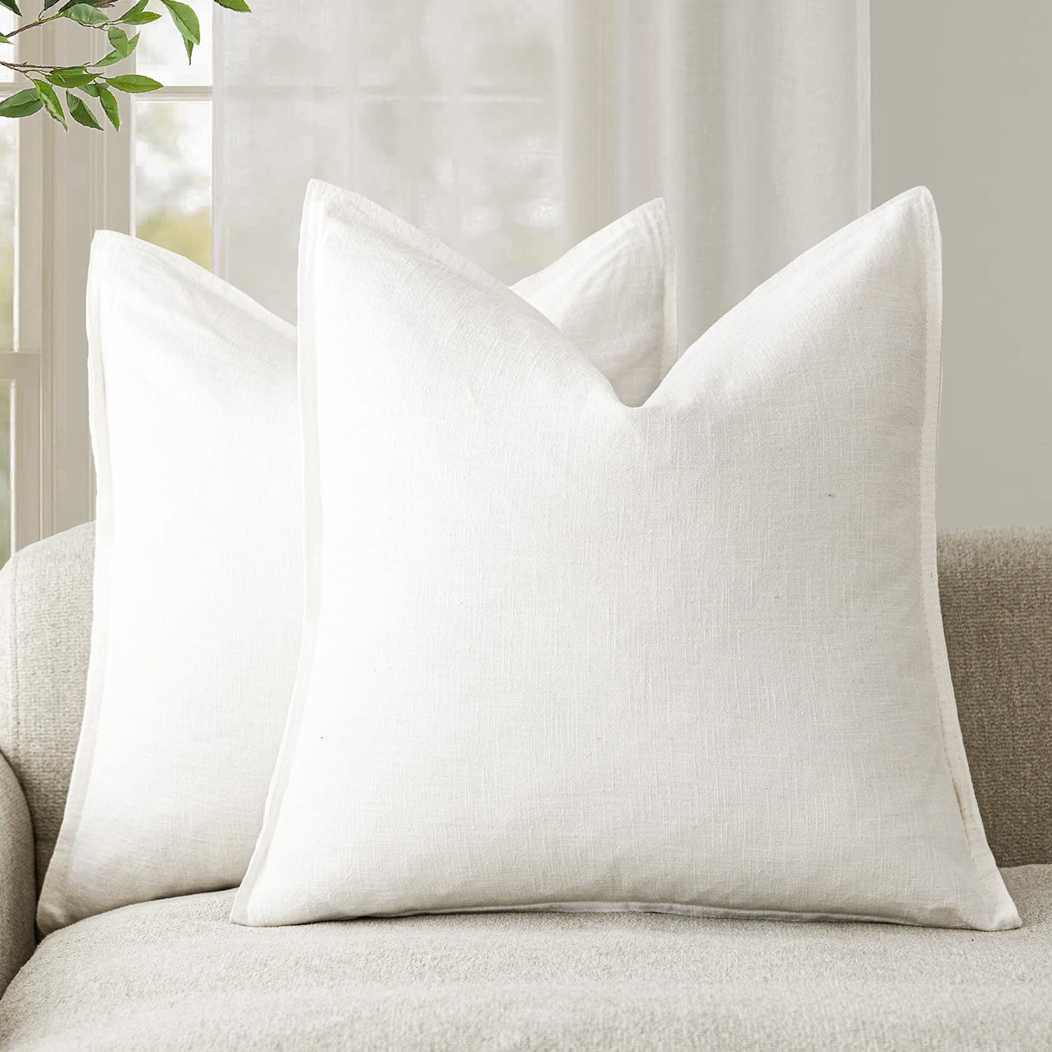 Foindtower Pack of 2, Decorative Linen Soild Throw Pillow Covers Soft Accent Cushion Case Boho Farmhouse Neutral Pillowcase for Couch Sofa Bedroom Living Room Home Decor 18 x 18 Inch Natural Beige