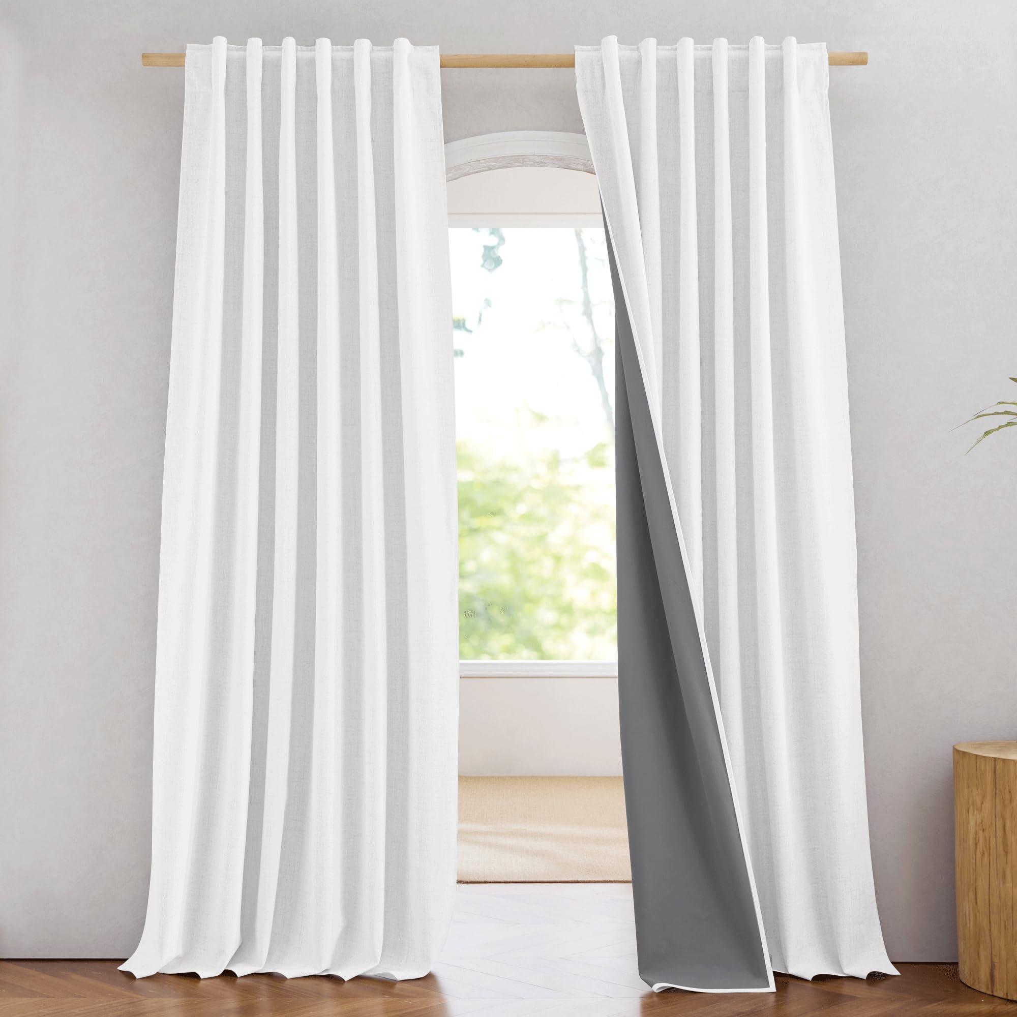 NICETOWN 100% Blackout Linen Curtains 90" Long for Bedroom, Thermal Insulated Living Room Curtains with Liner, Farmhouse Style Linen Blend Window Draperies for Dining Room (2 Panels, 52" W, Natural)