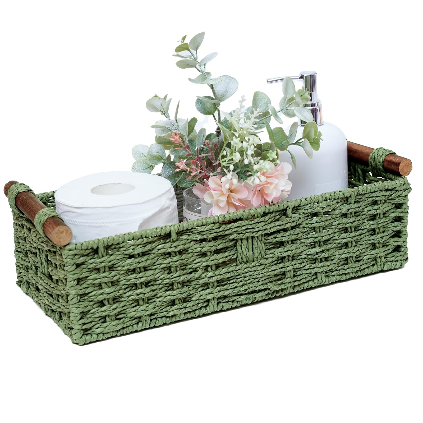 Round Paper Rope Storage Basket Wicker Baskets for Organizing with Handle Decorative Storage Bins for Countertop Toilet Paper Basket for Toilet Tank Top Small Baskets , Green