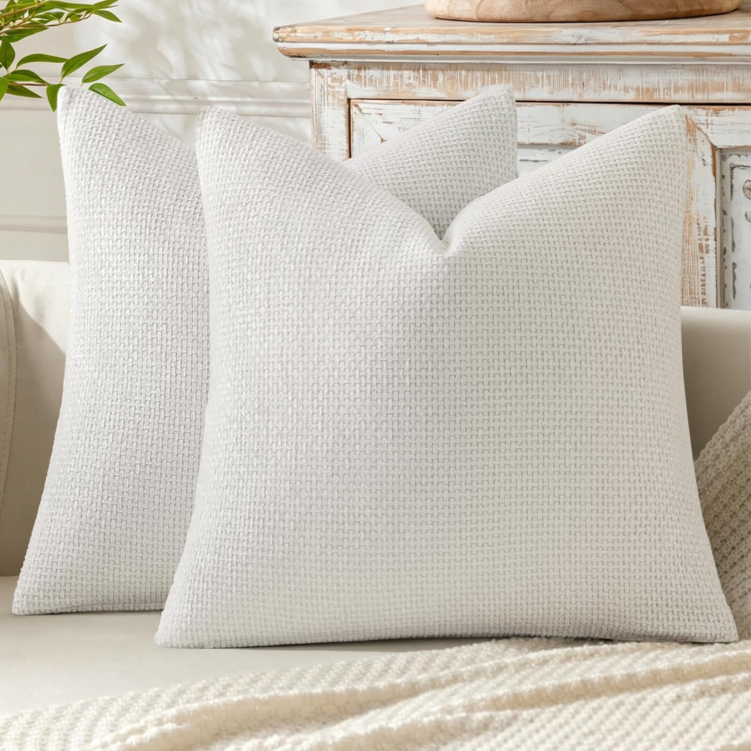 MIULEE Pack of 2 Couch Throw Pillow Covers 18x18 Inch Neutral Beige Modern Boho Accent Decorative Pillow Covers Soft Chenille Farmhouse Cushion Covers for Home Decor Bed Sofa Living Room