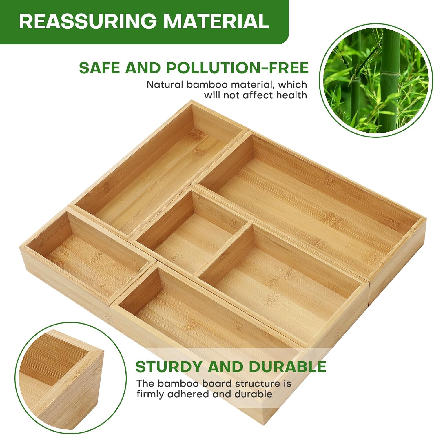 Bamboo Drawer Organizer Set, 5 PCS Multi-Use Individual Wood Storage Organizers, Junk Drawer Divider and Storage Trays Containers for Kitchen, Bathroom, Office Desk, Makeup, Jewelry, Utensils