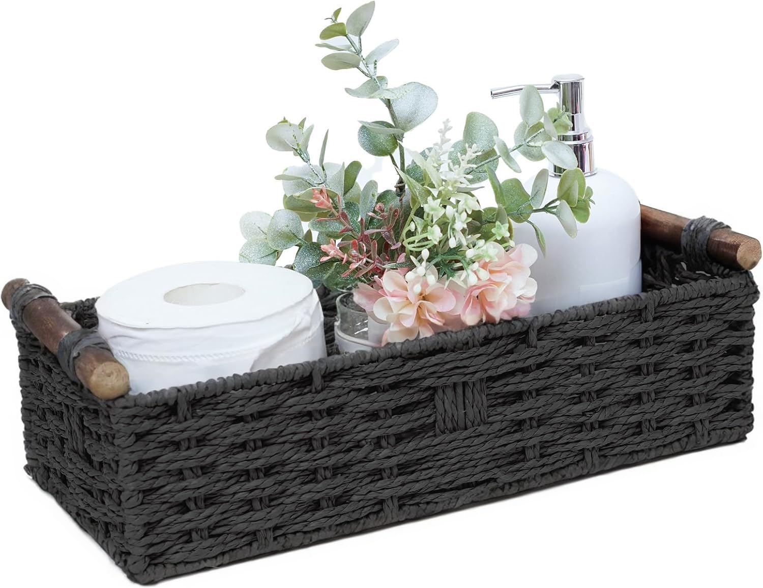 Round Paper Rope Storage Basket Wicker Baskets for Organizing with Handle Decorative Storage Bins for Countertop Toilet Paper Basket for Toilet Tank Top Small Baskets , Green