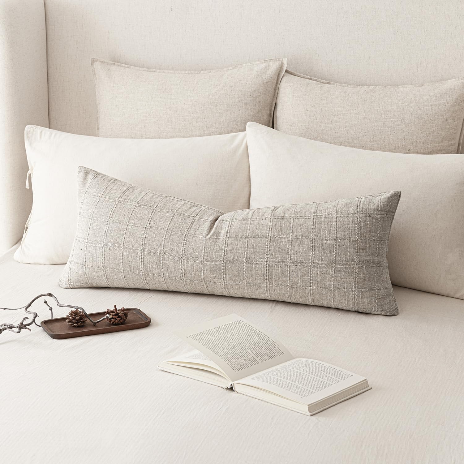 Foindtower Set of 1 Decorative Linen Check Throw Pillow Cover Neutral Farmhouse Lumbar Cushion Cover Modern Boho Home Decor for Sofa Chair Couch Bedroom Living Room,12×20 Inch,Natural Beige
