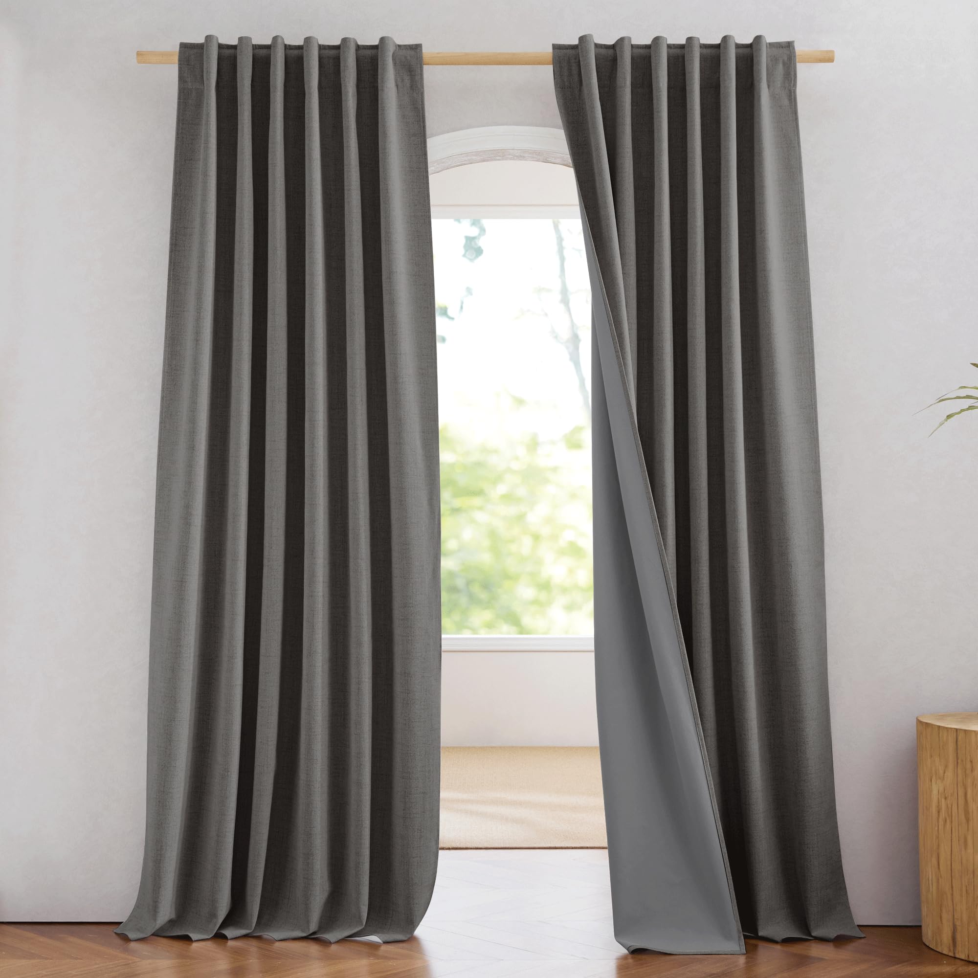 NICETOWN 100% Blackout Linen Curtains 90" Long for Bedroom, Thermal Insulated Living Room Curtains with Liner, Farmhouse Style Linen Blend Window Draperies for Dining Room (2 Panels, 52" W, Natural)