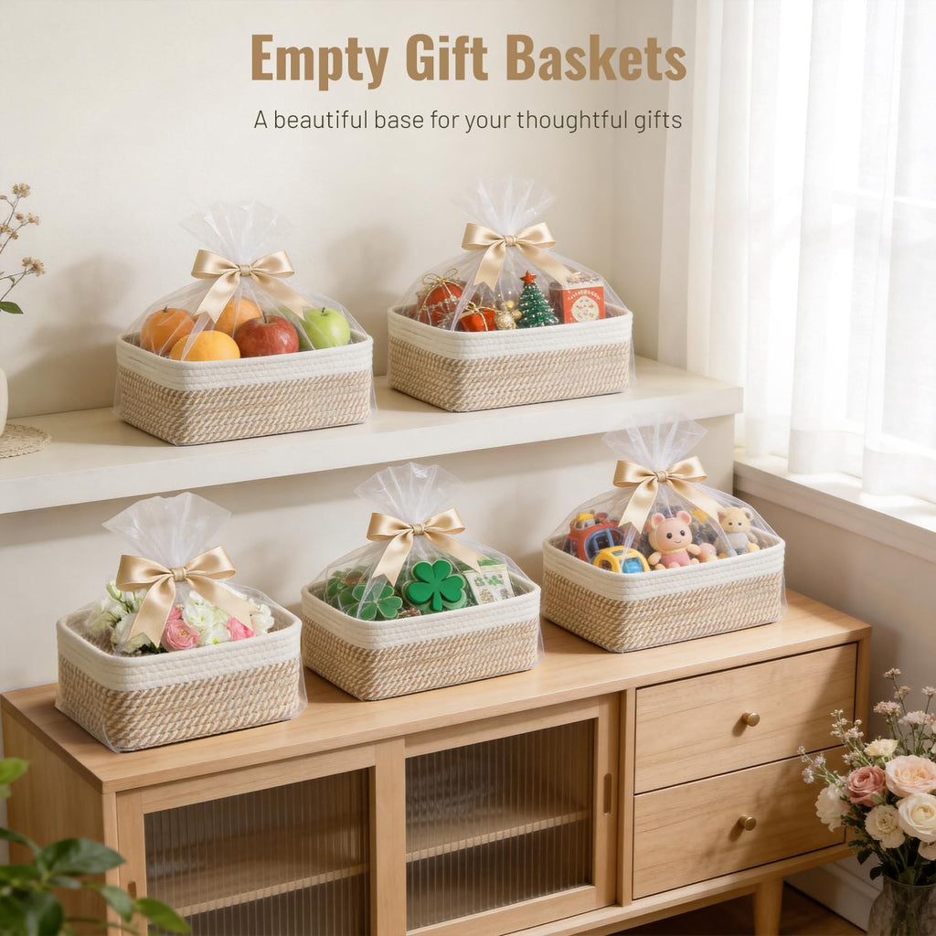 5 Pack Small Woven Storage Baskets for Shelves, Cotton Rope Baskets Organizer for Bathroom, Closet & Nursery, Decorative Storage Bins for Organizing Socks, Toys, 11.8"x7.9"x4.7", Khaki/White