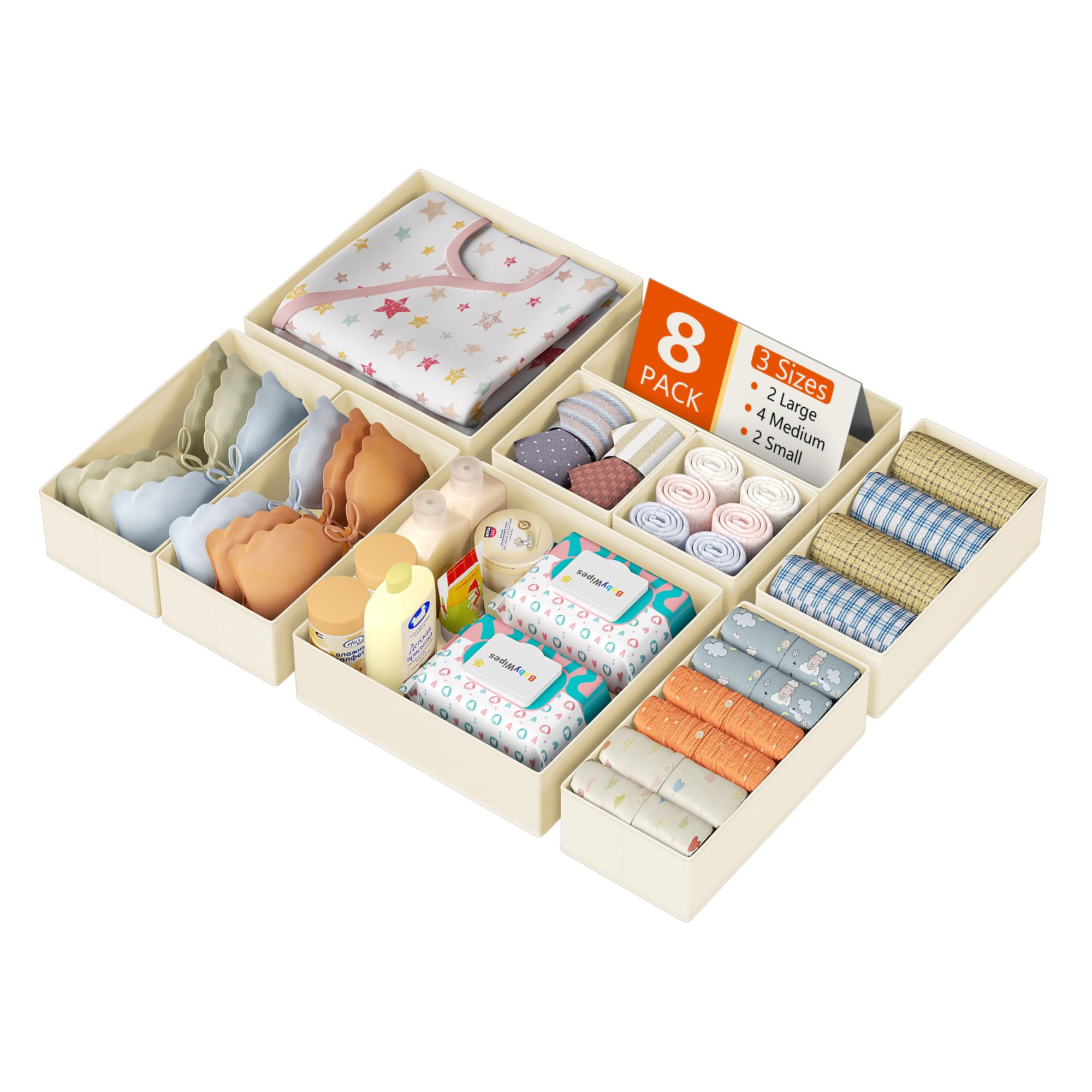 DIMJ Drawer Organizer Clothes, 12 Pack Dresser Organizer, Foldable Closet Organizers and Storage, Fabric Dresser Bins, Drawer Dividers for Nursery, Baby Clothes, Underwears, Sock (Beige)