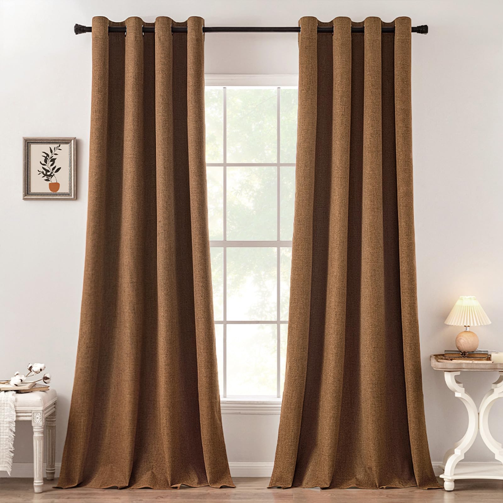 MIULEE 100% Blackout Linen Textured Curtains for Bedroom Solid Thermal Insulated Natural Beige Grommet Room Darkening Curtains & Drapes Luxury Decor for Living Room Nursery 52 x 84 Inch (2 Panels)