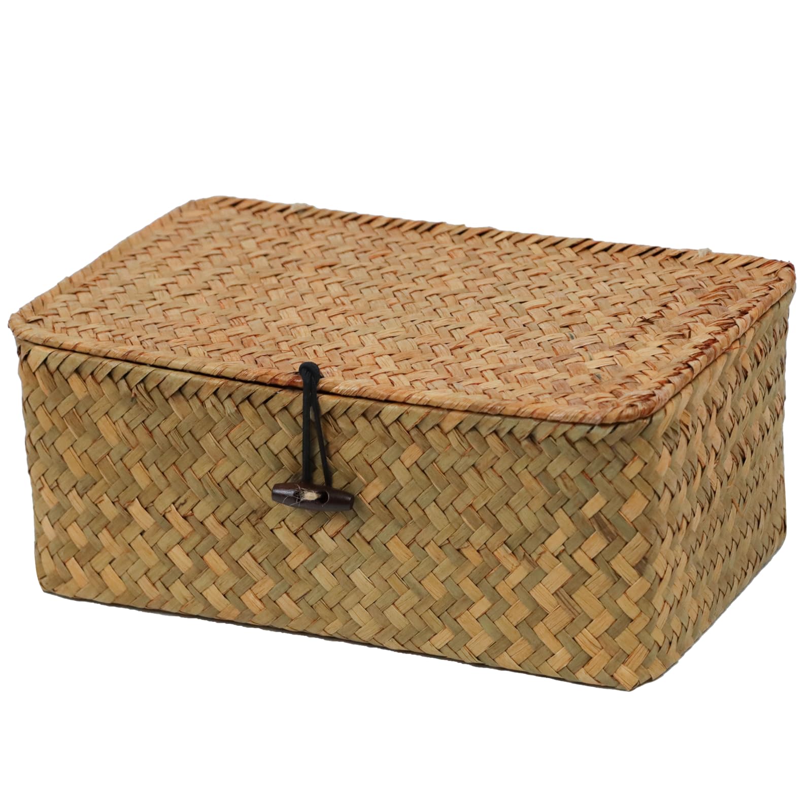 Wicker Storage Basket with Lid, Natural Seagrass Storage Baskets for Organizing, Rectangular Woven Basket for Storage, Decorative Boxes Bins with Lids Home Organizer Decor