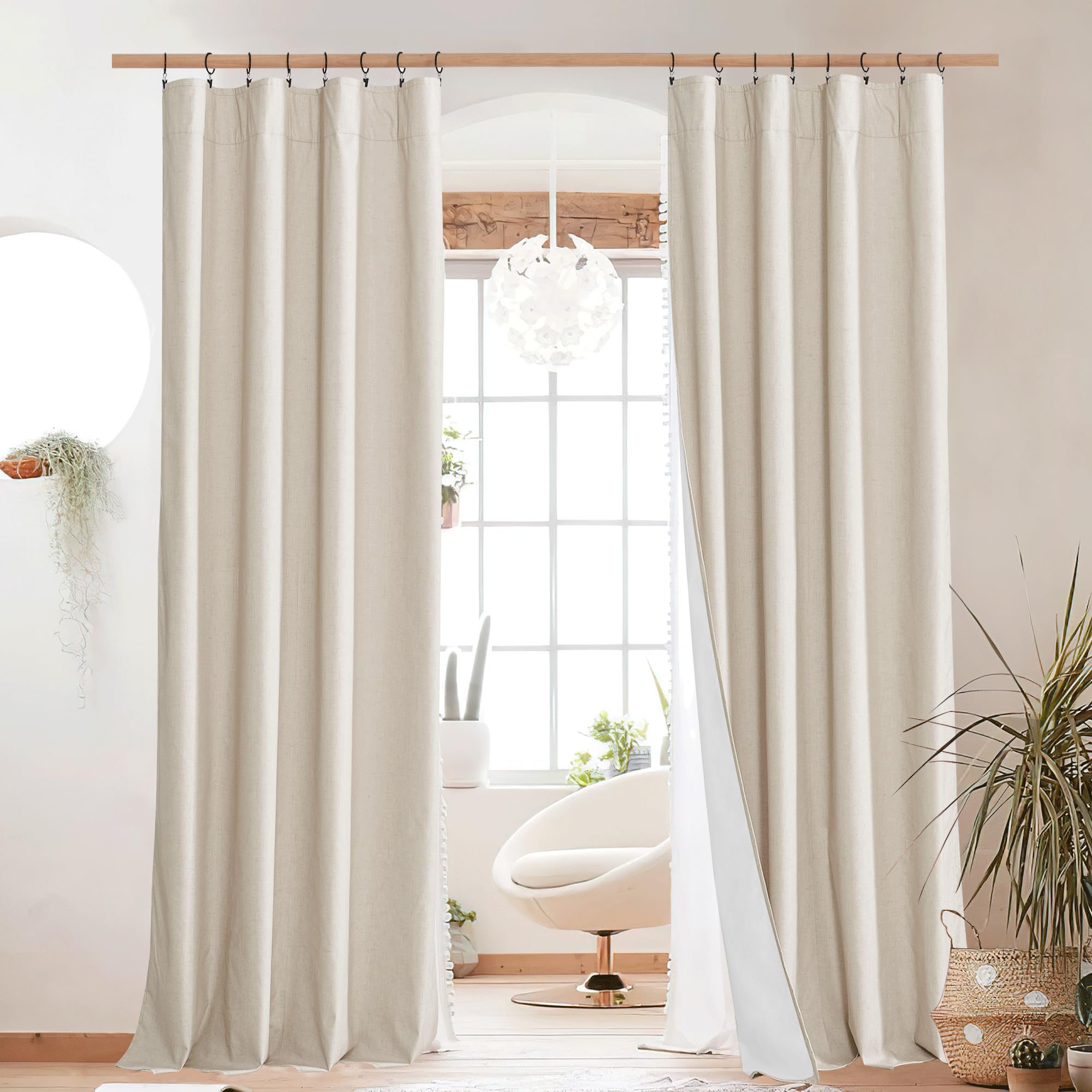 NICETOWN 100% Blackout Linen Curtains 90" Long for Bedroom, Thermal Insulated Living Room Curtains with Liner, Farmhouse Style Linen Blend Window Draperies for Dining Room (2 Panels, 52" W, Natural)