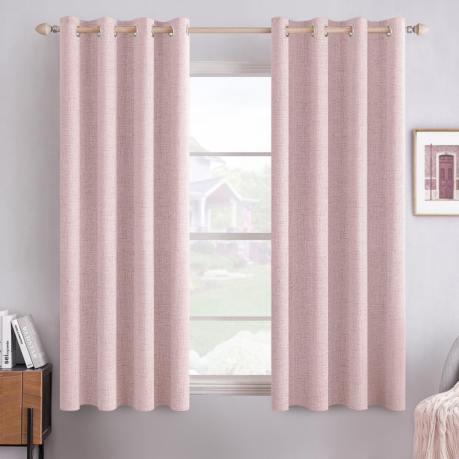 MIULEE 100% Blackout Linen Textured Curtains for Bedroom Solid Thermal Insulated Natural Beige Grommet Room Darkening Curtains & Drapes Luxury Decor for Living Room Nursery 52 x 84 Inch (2 Panels)