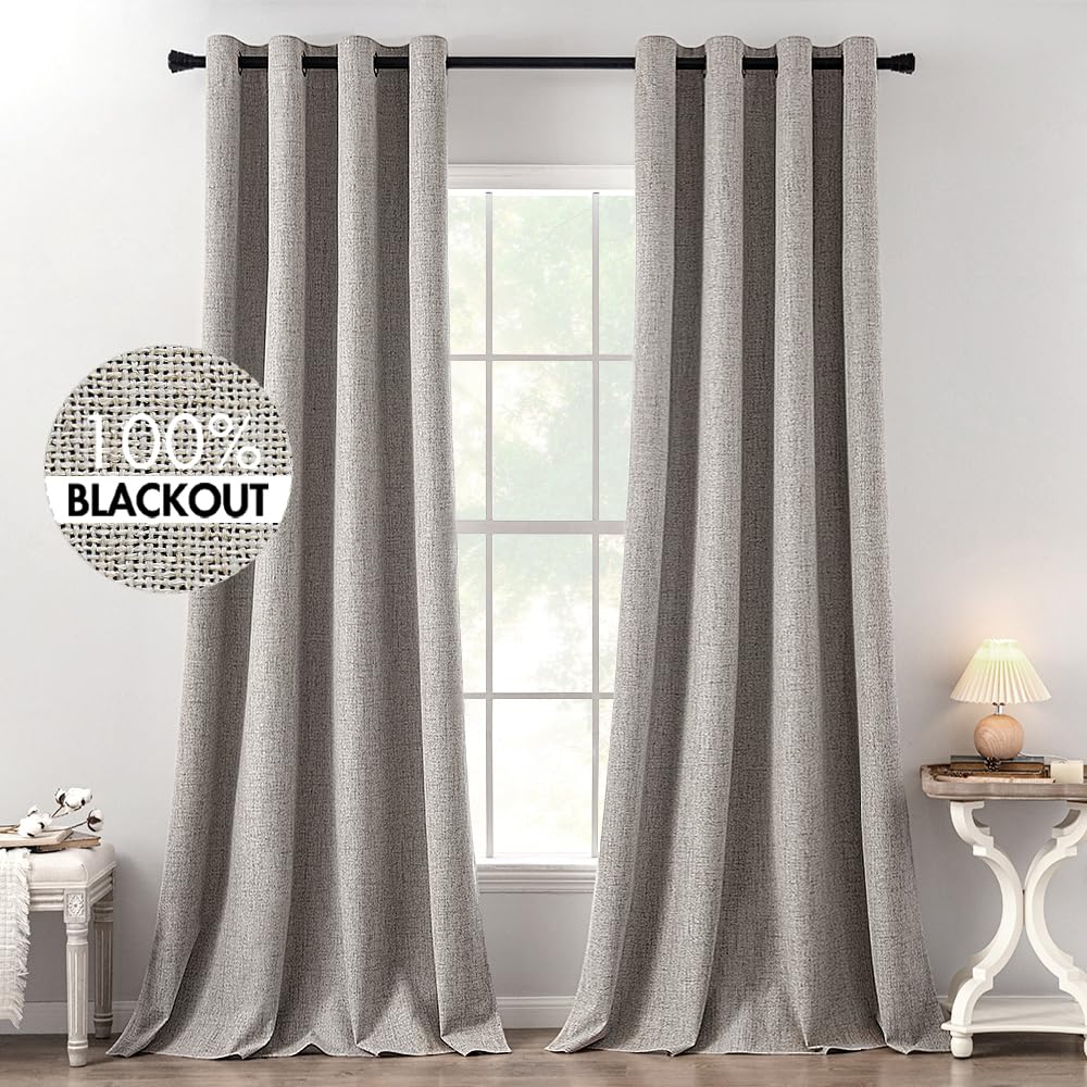 MIULEE 100% Blackout Linen Textured Curtains for Bedroom Solid Thermal Insulated Natural Beige Grommet Room Darkening Curtains & Drapes Luxury Decor for Living Room Nursery 52 x 84 Inch (2 Panels)