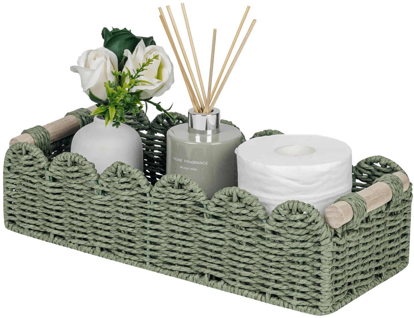CubesLand Paper Rope Scalloped Edge Toilet Paper Storage Basket, Small Living Room, Bedroom Decor Baskets for Over Toilet Storage Shelf, End Table, Shelves and More, with 2 Wooden Handle, Neutral