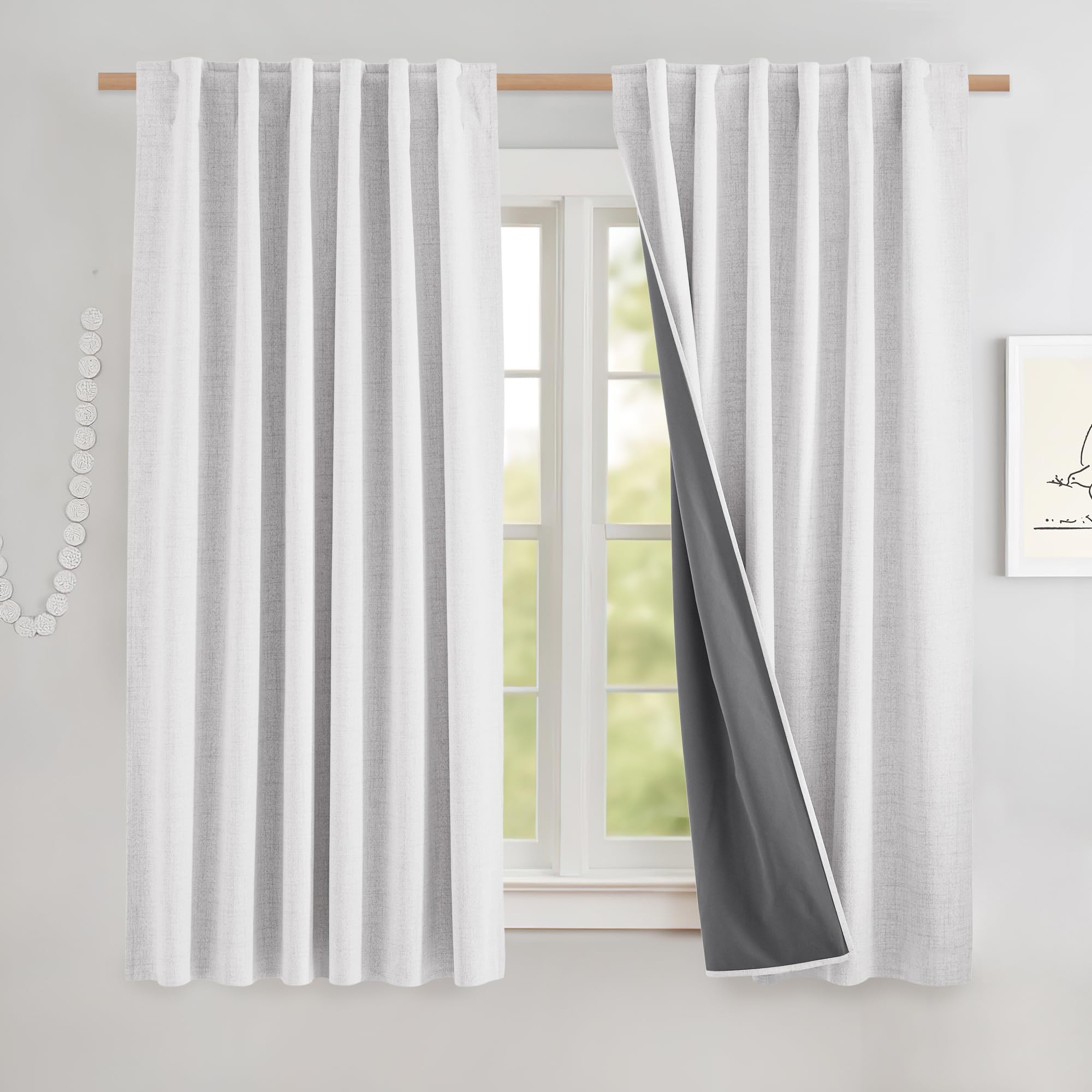 NICETOWN 100% Blackout Linen Curtains 90" Long for Bedroom, Thermal Insulated Living Room Curtains with Liner, Farmhouse Style Linen Blend Window Draperies for Dining Room (2 Panels, 52" W, Natural)