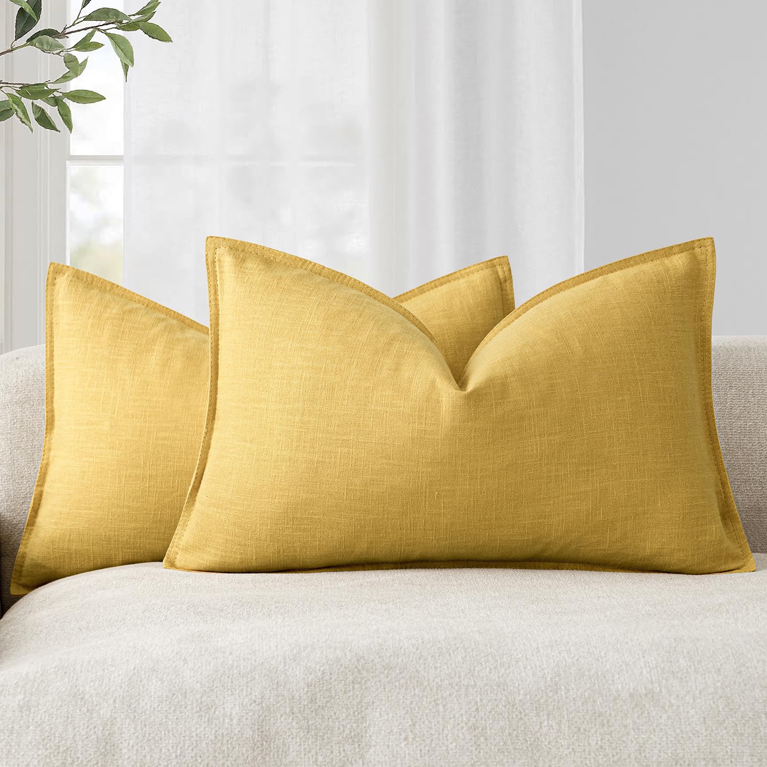 Foindtower Pack of 2, Decorative Linen Soild Throw Pillow Covers Soft Accent Cushion Case Boho Farmhouse Neutral Pillowcase for Couch Sofa Bedroom Living Room Home Decor 18 x 18 Inch Natural Beige