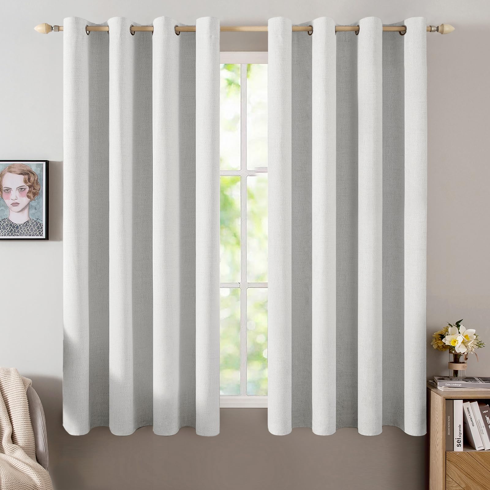 MIULEE 100% Blackout Linen Textured Curtains for Bedroom Solid Thermal Insulated Natural Beige Grommet Room Darkening Curtains & Drapes Luxury Decor for Living Room Nursery 52 x 84 Inch (2 Panels)