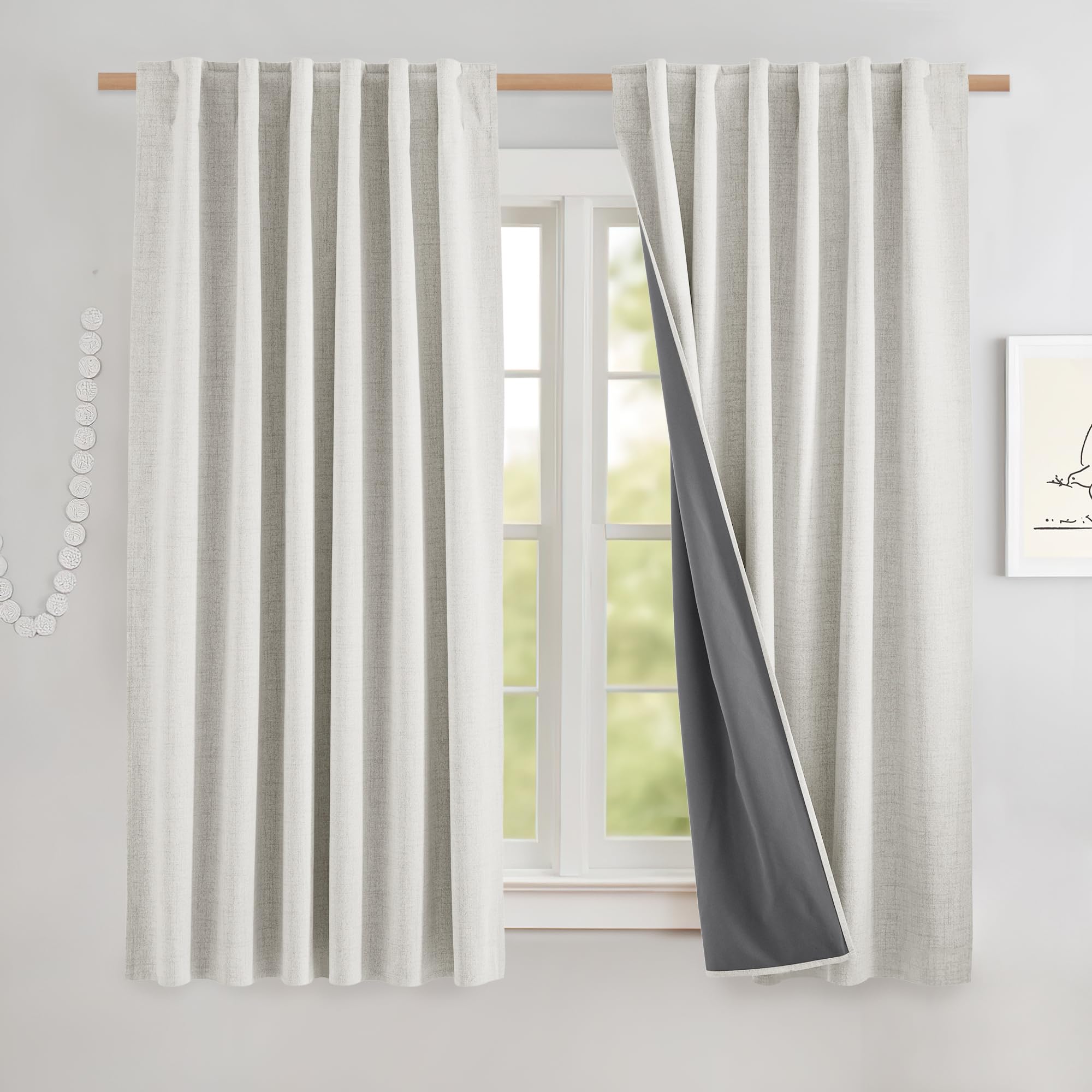 NICETOWN 100% Blackout Linen Curtains 90" Long for Bedroom, Thermal Insulated Living Room Curtains with Liner, Farmhouse Style Linen Blend Window Draperies for Dining Room (2 Panels, 52" W, Natural)
