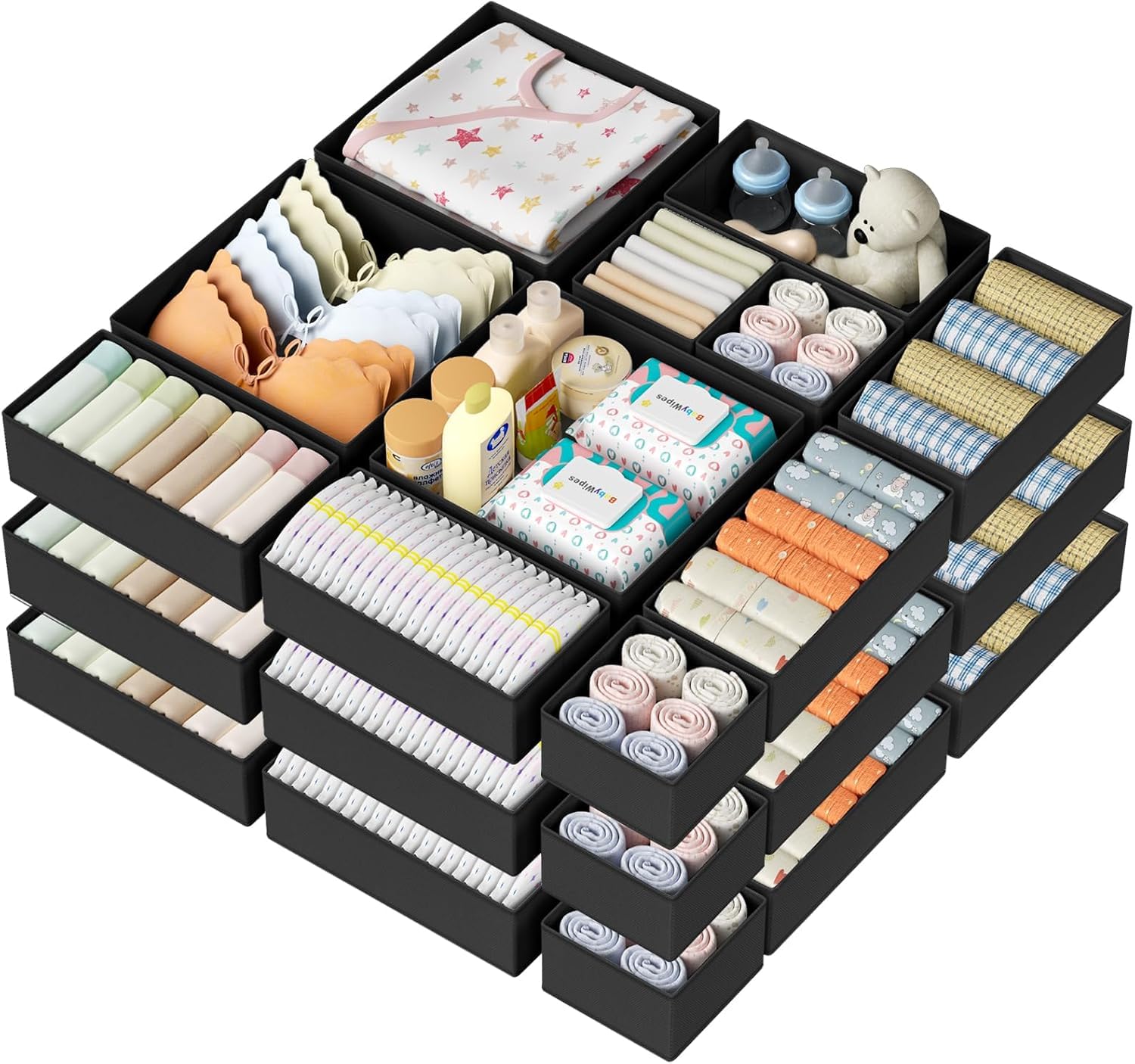 DIMJ Drawer Organizer Clothes, 12 Pack Dresser Organizer, Foldable Closet Organizers and Storage, Fabric Dresser Bins, Drawer Dividers for Nursery, Baby Clothes, Underwears, Sock (Beige)