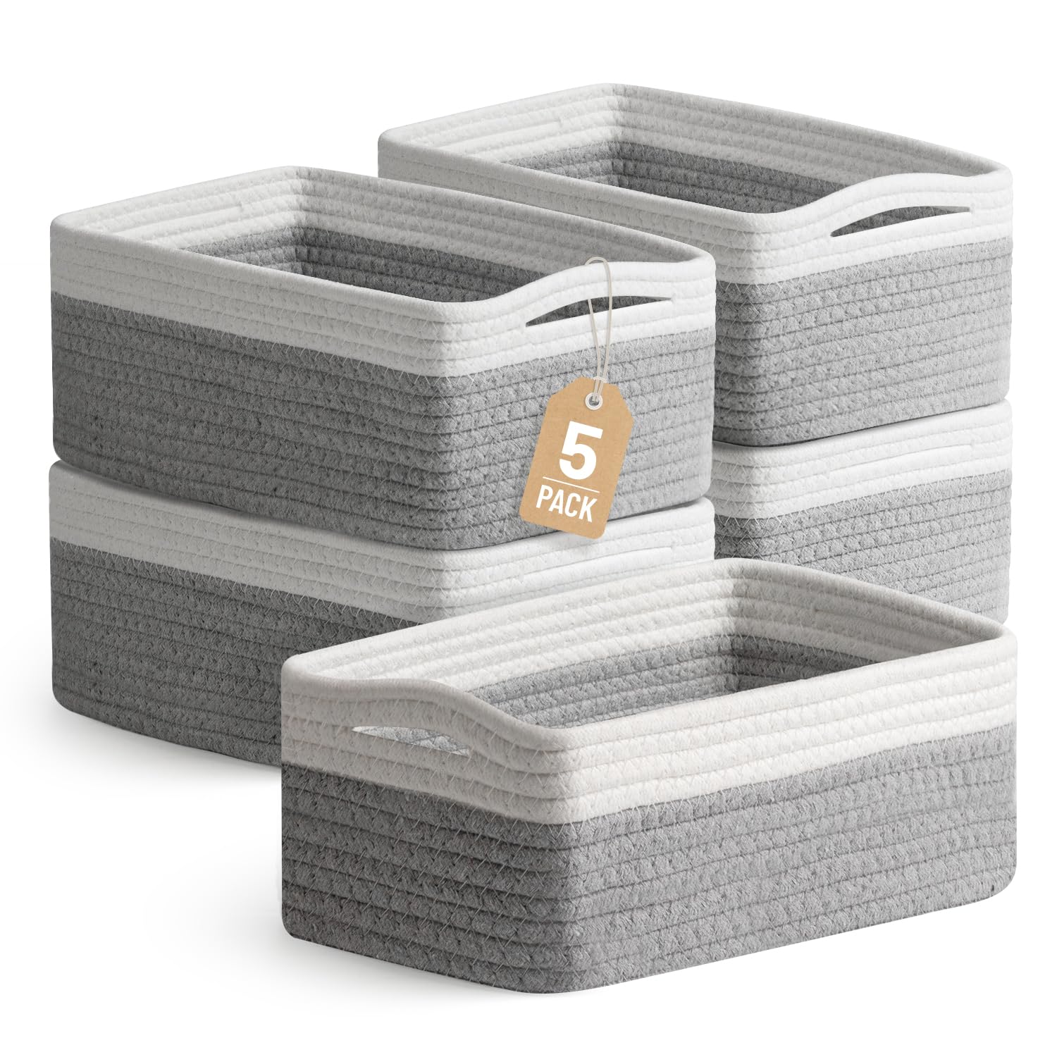 5 Pack Small Woven Storage Baskets for Shelves, Cotton Rope Baskets Organizer for Bathroom, Closet & Nursery, Decorative Storage Bins for Organizing Socks, Toys, 11.8"x7.9"x4.7", Khaki/White