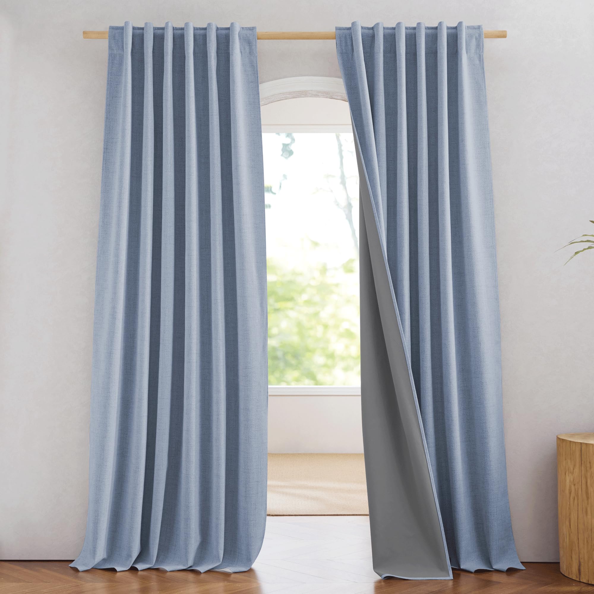 NICETOWN 100% Blackout Linen Curtains 90" Long for Bedroom, Thermal Insulated Living Room Curtains with Liner, Farmhouse Style Linen Blend Window Draperies for Dining Room (2 Panels, 52" W, Natural)