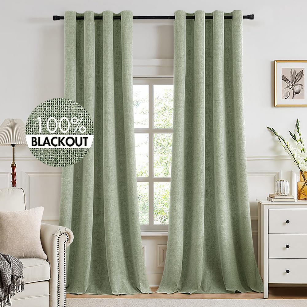 MIULEE 100% Blackout Linen Textured Curtains for Bedroom Solid Thermal Insulated Natural Beige Grommet Room Darkening Curtains & Drapes Luxury Decor for Living Room Nursery 52 x 84 Inch (2 Panels)
