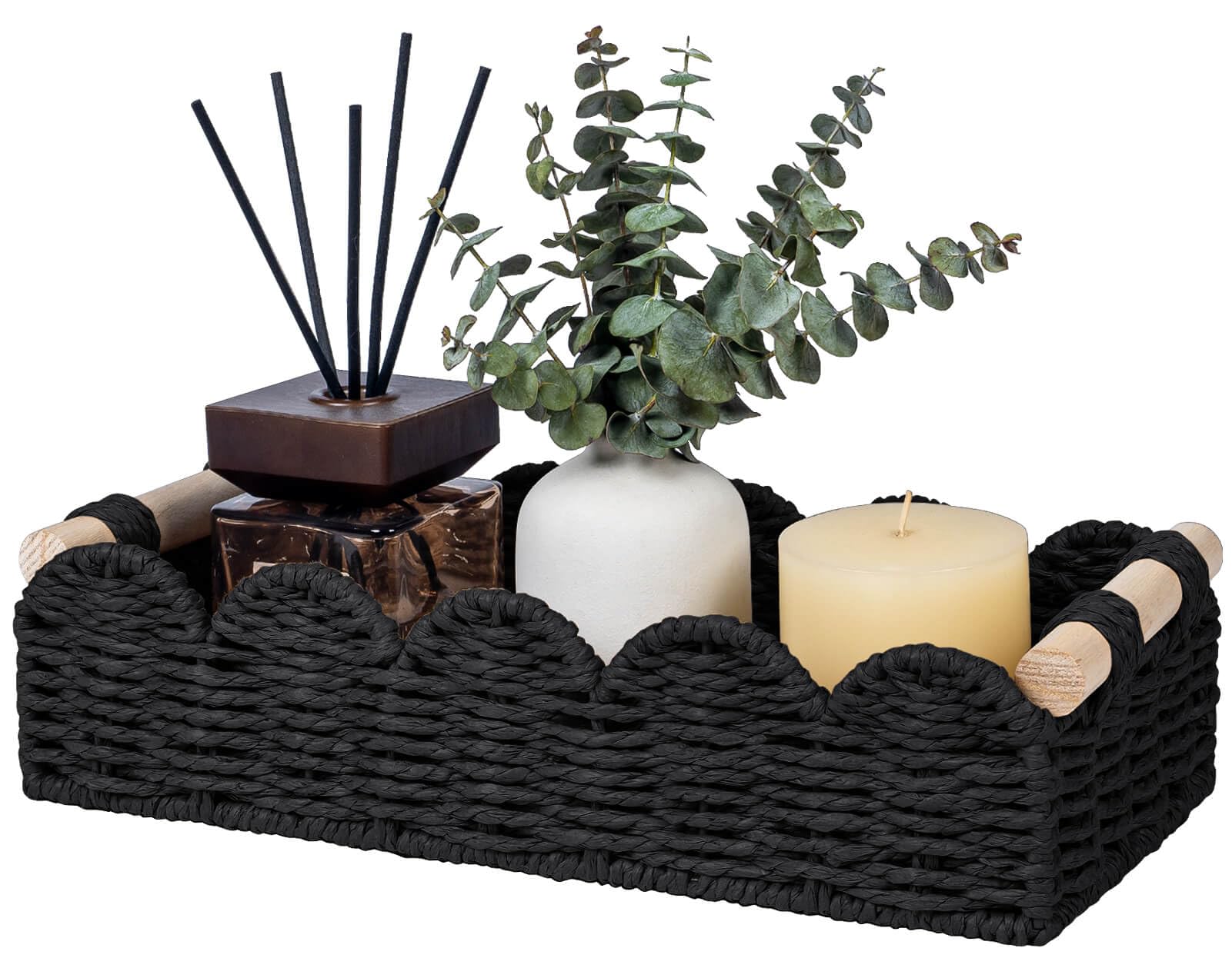 CubesLand Paper Rope Scalloped Edge Toilet Paper Storage Basket, Small Living Room, Bedroom Decor Baskets for Over Toilet Storage Shelf, End Table, Shelves and More, with 2 Wooden Handle, Neutral