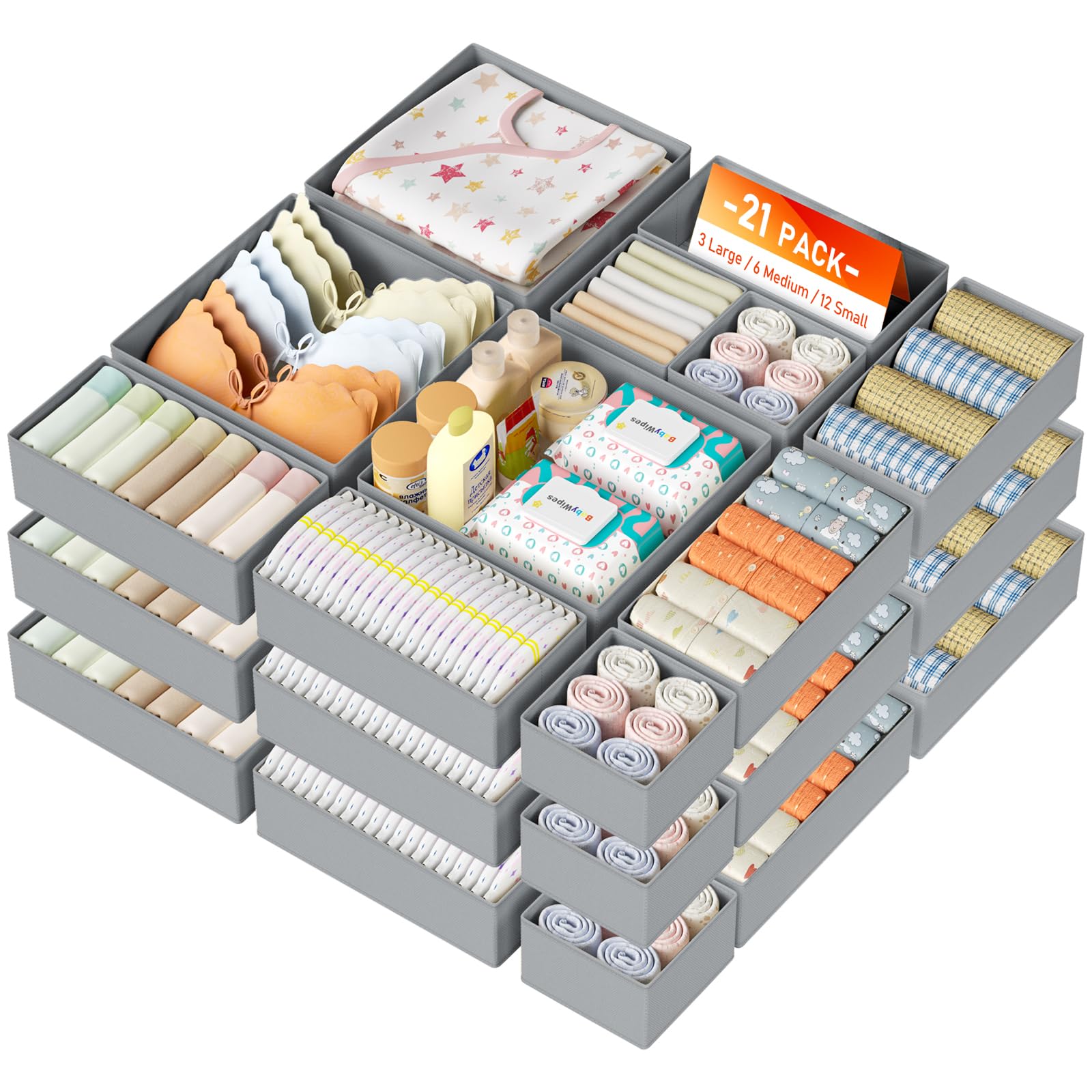 DIMJ Drawer Organizer Clothes Storage - 18 Pack Baby Dresser Organizer for Nursery, Foldable Closet Drawer Organizer Bins for Bedroom Organization, Fabric Storage Dividers for Socks, Underwears, Bras