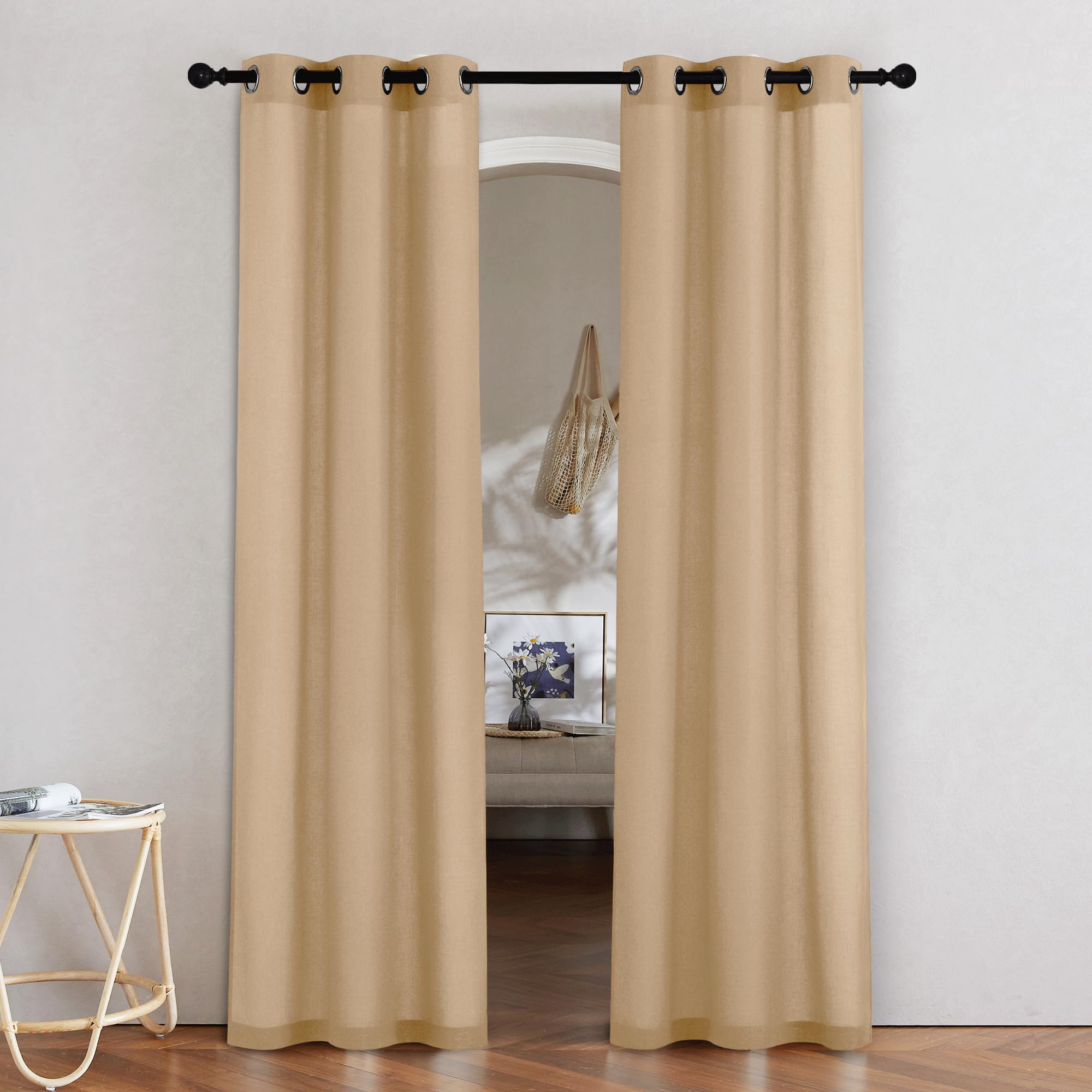 NICETOWN Natural Linen Curtains 84 inch Long 2 Panels Set, Grommet Top Thick Linen Burlap Semi Sheer Vertical Drapes Privacy Assured with Light Filtering for Bedroom/Living Room, W55 x L84