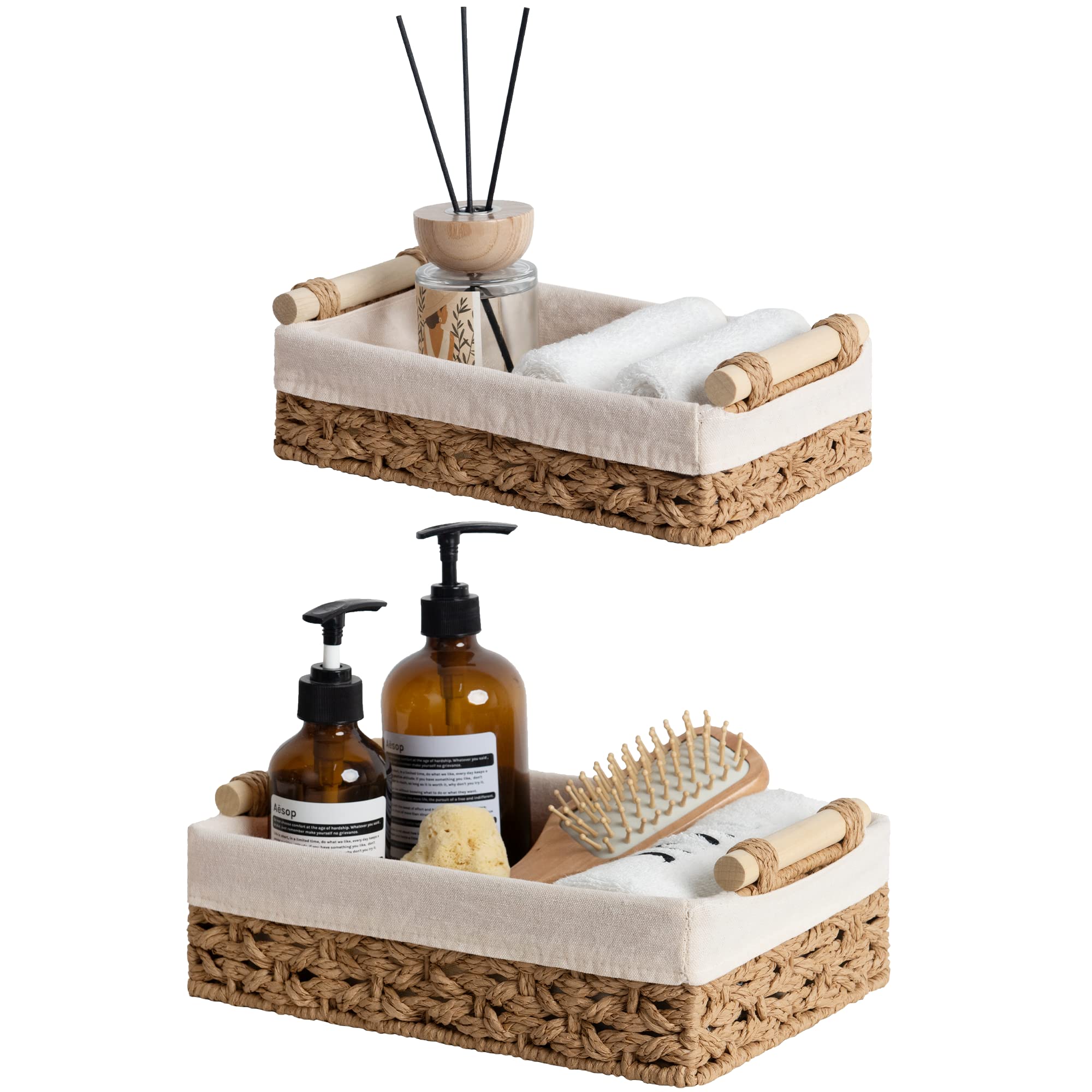 StorageWorks Small Baskets for Organizing, Wicker Bathroom Basket for Toilet Tank Top with Liner, Natural Water Hyacinth, Set of 2