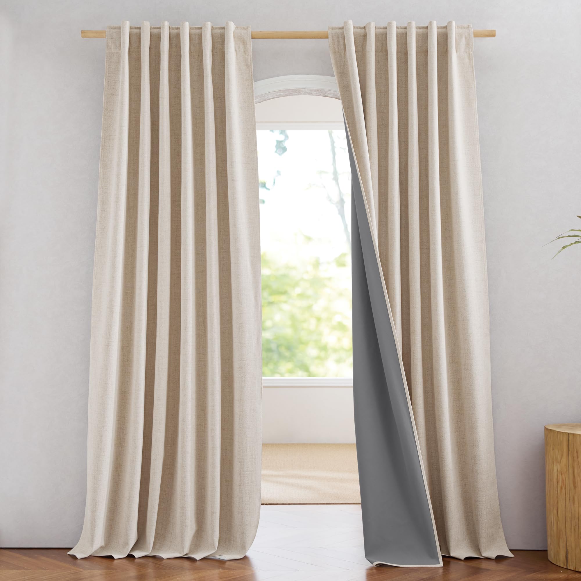 NICETOWN 100% Blackout Linen Curtains 90" Long for Bedroom, Thermal Insulated Living Room Curtains with Liner, Farmhouse Style Linen Blend Window Draperies for Dining Room (2 Panels, 52" W, Natural)