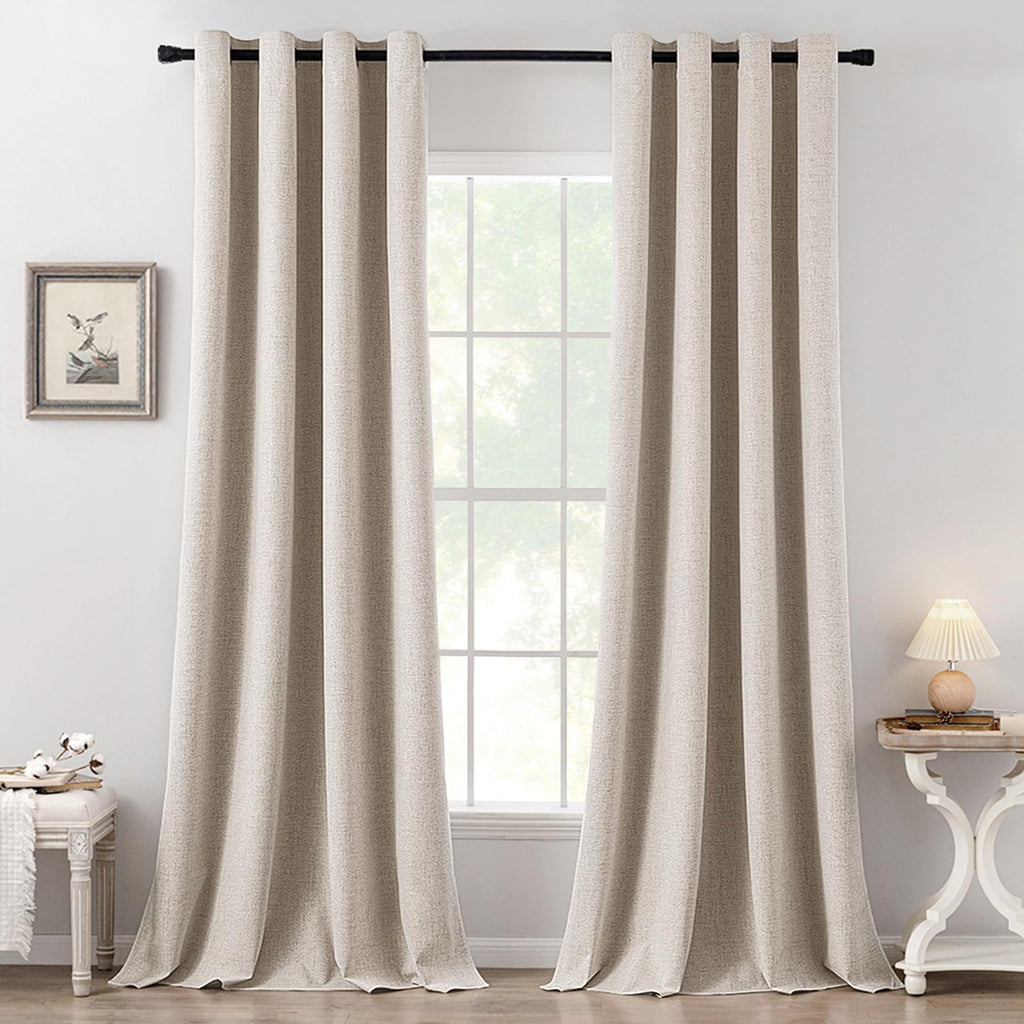 MIULEE 100% Blackout Linen Textured Curtains for Bedroom Solid Thermal Insulated Natural Beige Grommet Room Darkening Curtains & Drapes Luxury Decor for Living Room Nursery 52 x 84 Inch (2 Panels)